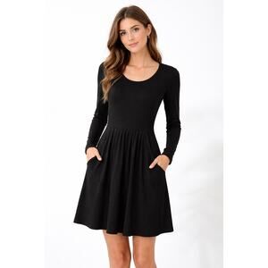 Black Long Sleeve Minimalist Fit & Flare Dress Pockets Rayon Spandex Size Small